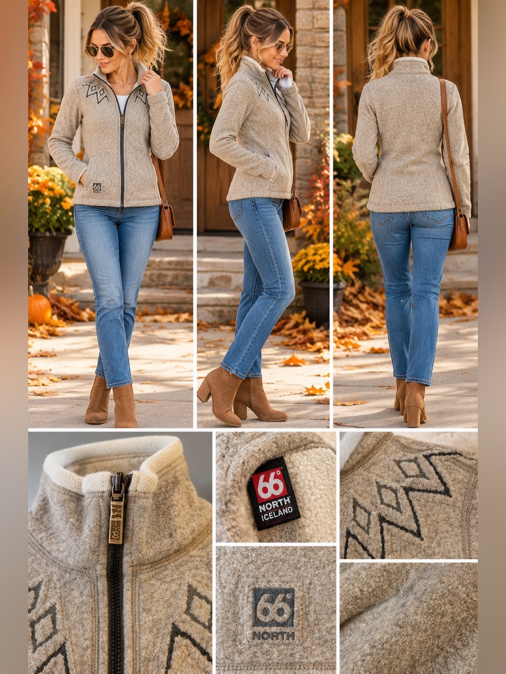 66° North Iceland Cream Zip-Up Fleece Jacket with Diamond Accent
